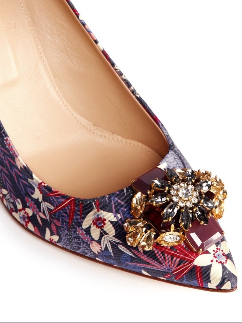 J. Crew Collection Navy Floral Pointed Toe Heel with Jeweled Brooch 8.5